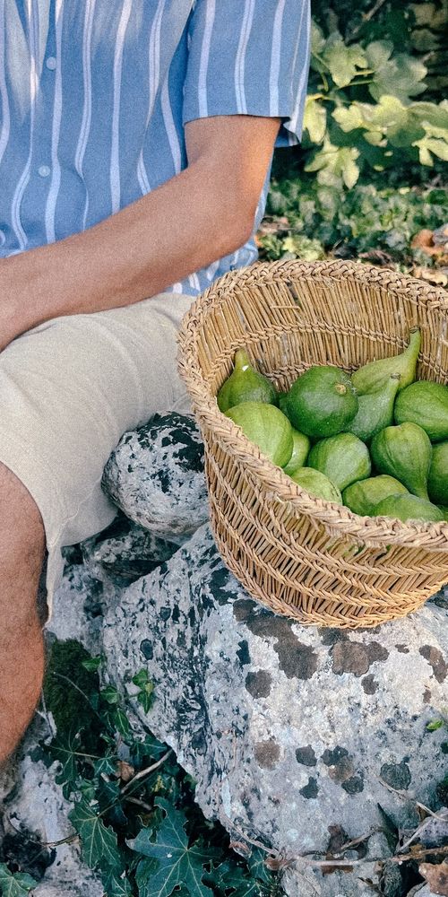 Cesto di vimini pieno di fichi verdi appena raccolti