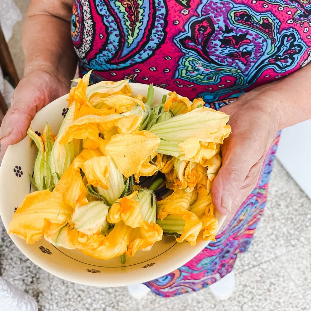 Ciotola di fiori di zucca freschi, ingrediente tipico della cucina pugliese
